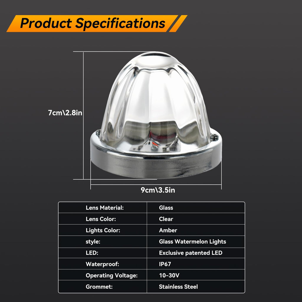 Strobe Amber Glass Lens Watermelon Lights for Semi Truck Led Side Marker Kenworth Peterbilt Freightliner Exterior