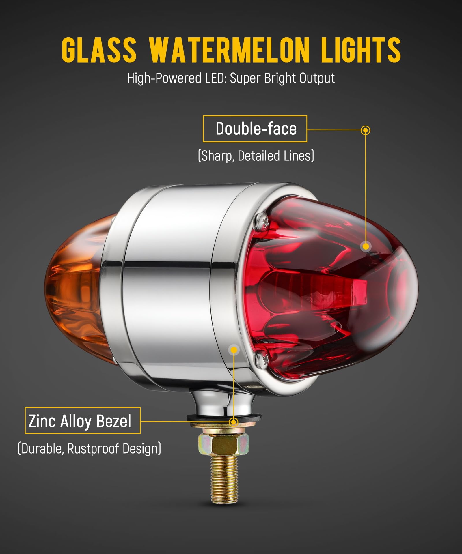 Partsam 1x Glass Watermelon Light Dual Revolution Double-Face Amber Red LED Turn Signal Marker Light, Zinc Alloy Housing Amber Red Lens Post Mount for Peterbilt Freightliner Semi Truck Trailer, 10-30V