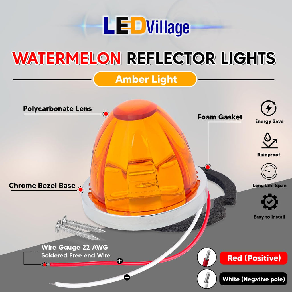 2Pcs Amber Watermelon LED Light with Stainless Steel Bracket, 12V Marker Clearance Lights for Semi Truck, Freightliner, Kenworth, Peterbilt, Heavy-Duty Trailers