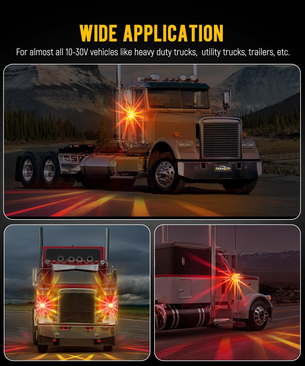 Partsam 1x Glass Watermelon Light Dual Revolution Double-Face Amber Red LED Turn Signal Marker Light, Zinc Alloy Housing Amber Red Lens Post Mount for Peterbilt Freightliner Semi Truck Trailer, 10-30V