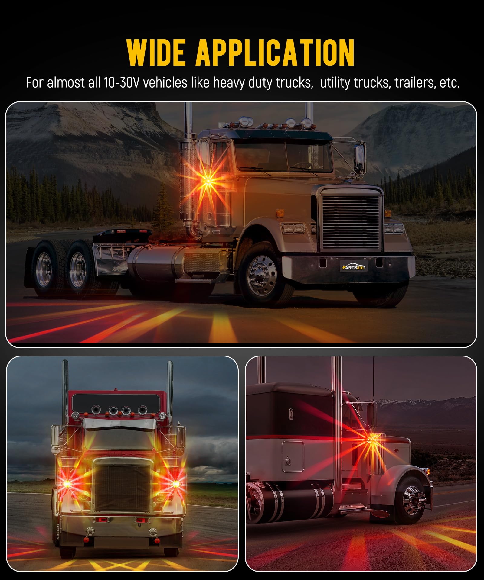 Partsam 1x Glass Watermelon Light Dual Revolution Double-Face Amber Red LED Turn Signal Marker Light, Zinc Alloy Housing Amber Red Lens Post Mount for Peterbilt Freightliner Semi Truck Trailer, 10-30V