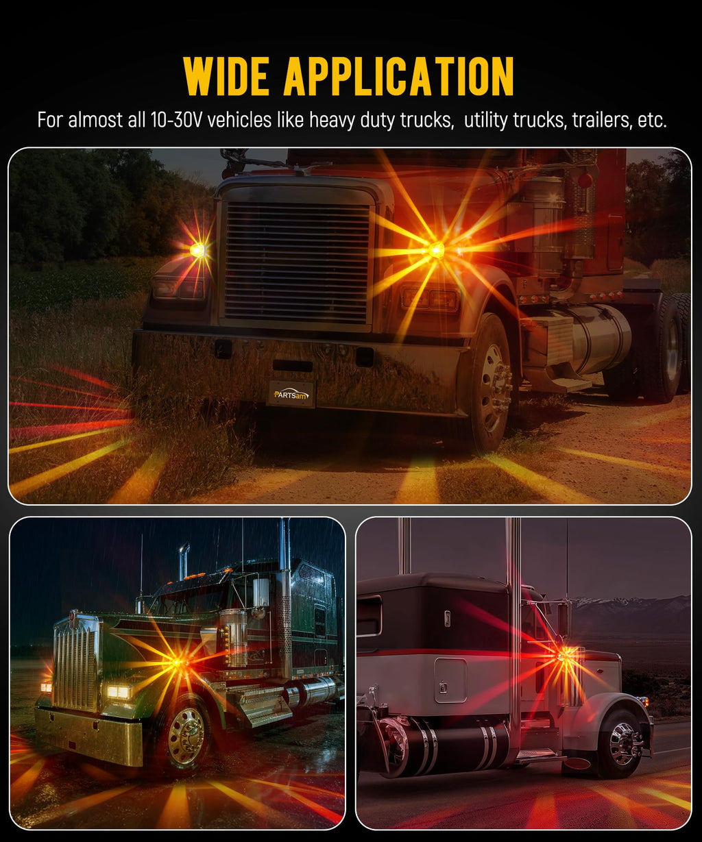 Partsam 1x Glass Watermelon Light Dual Revolution Double-Face Amber Red LED Turn Signal Marker Light, Zinc Alloy Housing Amber Red Lens Post Mount for Peterbilt Freightliner Semi Truck Trailer, 10-30V