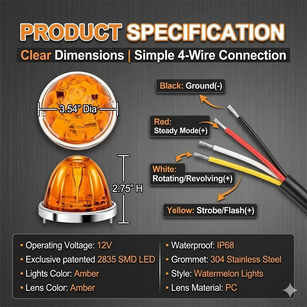 6PCS Water Melon Lights Starburst Rotating Lamp Clearance Strobe Warning Lights Semi Truck Peterbilt Cab Marker Lights (1)