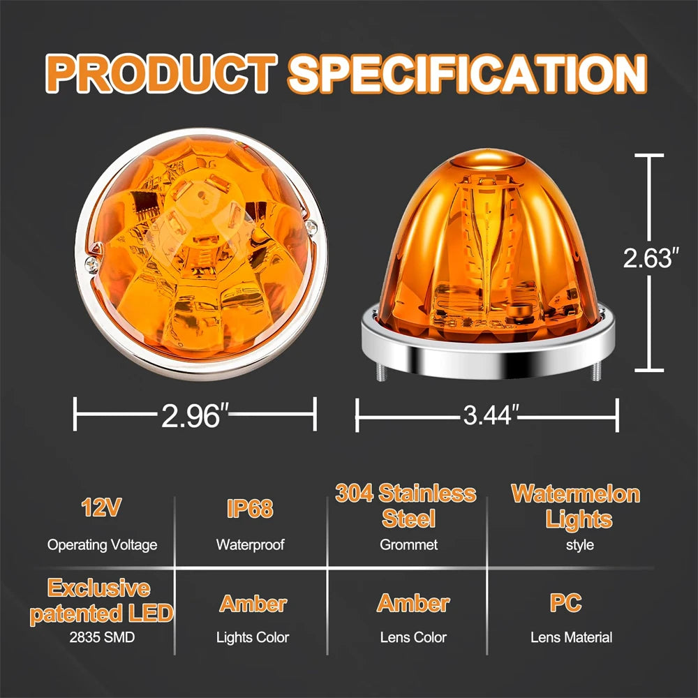 2PCS LED Watermelon Marker Lights Strobe Rotation Roof Clearance Warning Lights for Kenworth Peterbilt Freightliner Trailer