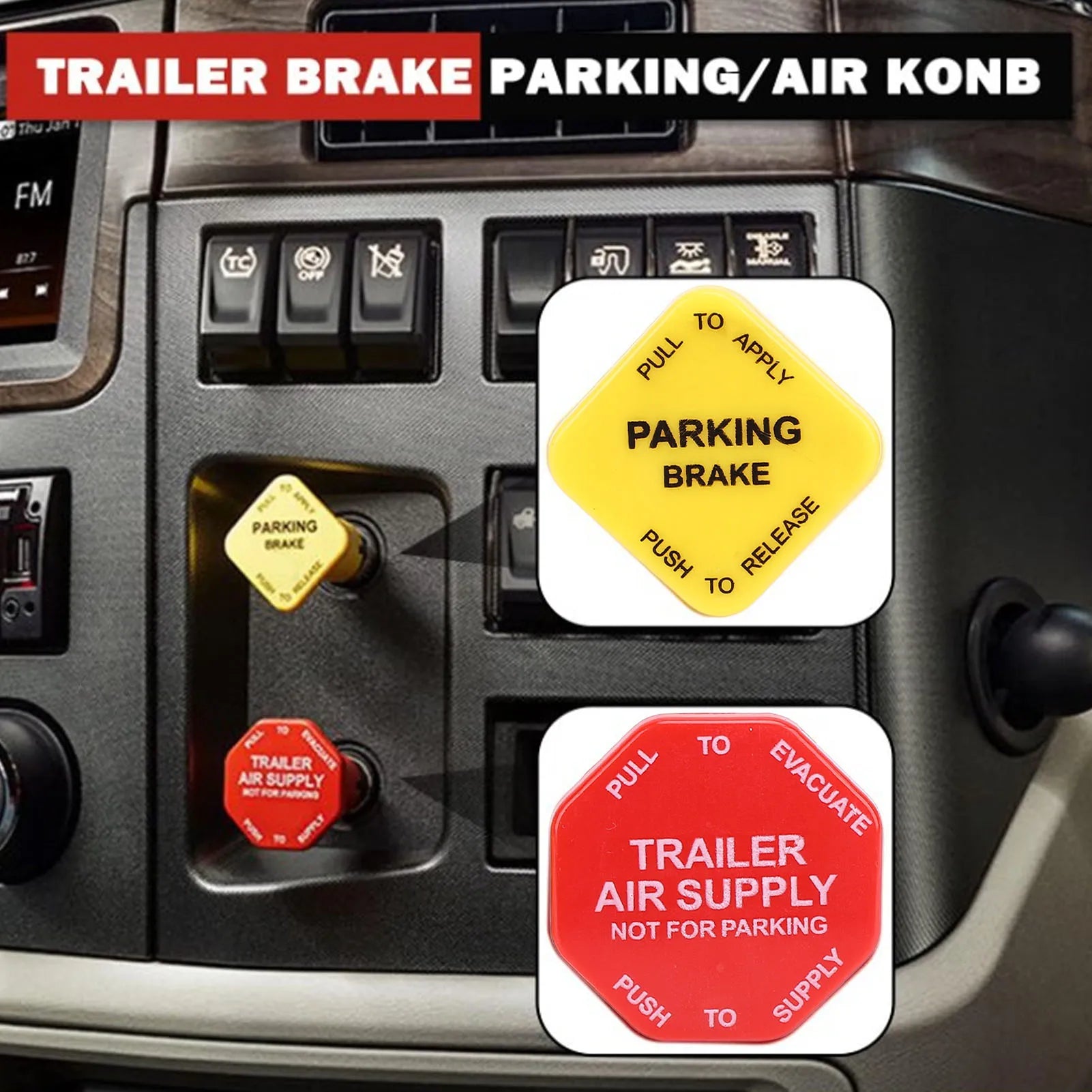 Red Trailer Air Supply Knob Robust Yellow Semi Truck Parking Brake Knob Threaded Type Plastic 25110977 for Semi Truck Trailer