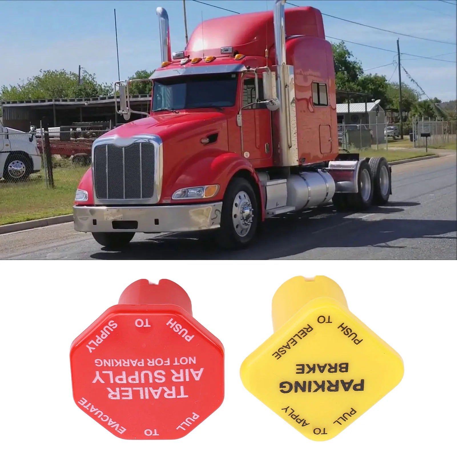 Red Trailer Air Supply Knob Robust Yellow Semi Truck Parking Brake Knob Threaded Type Plastic 25110977 for Semi Truck Trailer